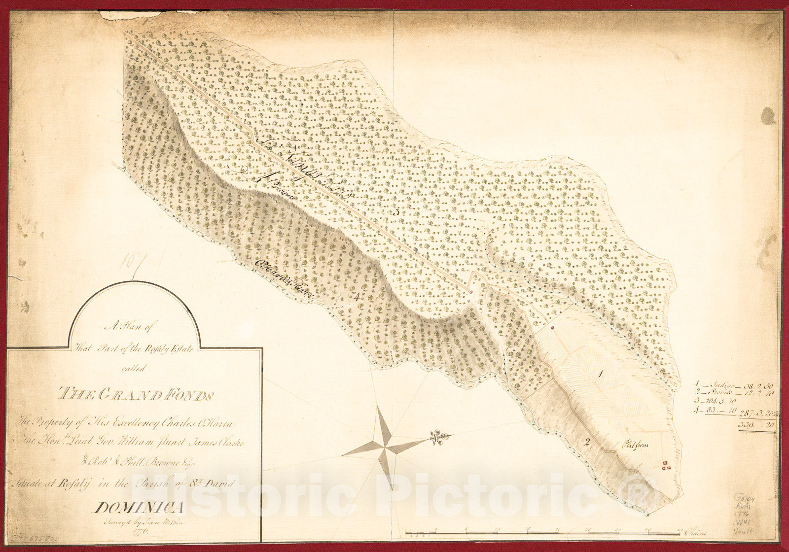 Historic 1776 Map - A Plan of That Part of The Rosalij Estate Called The Grand Fonds, The Property of His Excellency Charles O'Harra, The Honble. Leiut. Gov. William Stuart, James Clarke