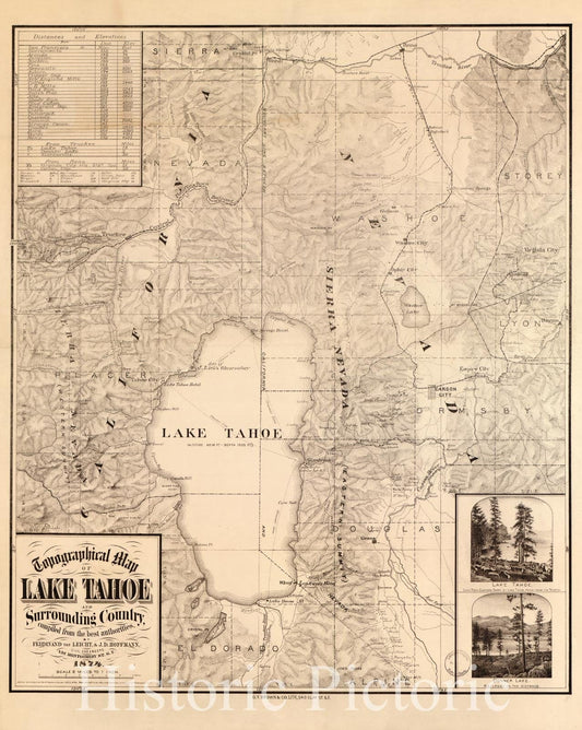 Historic 1874 Map - Topographical map of Lake Tahoe and Surrounding Country