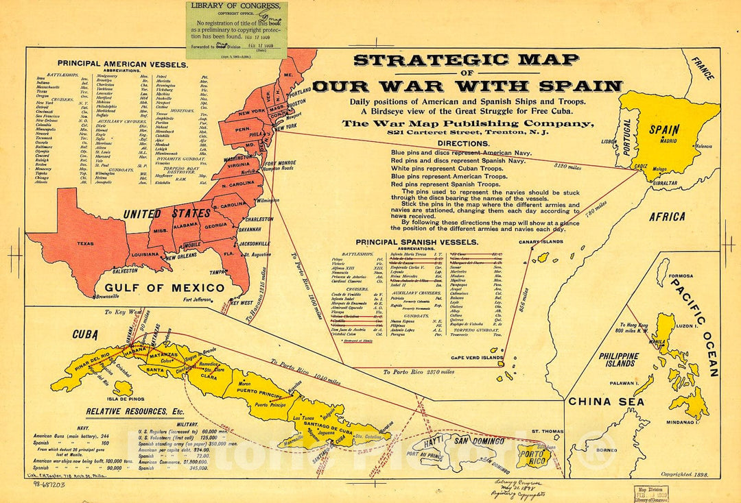 Historic 1898 Map - Strategic map of Our war with Spain.