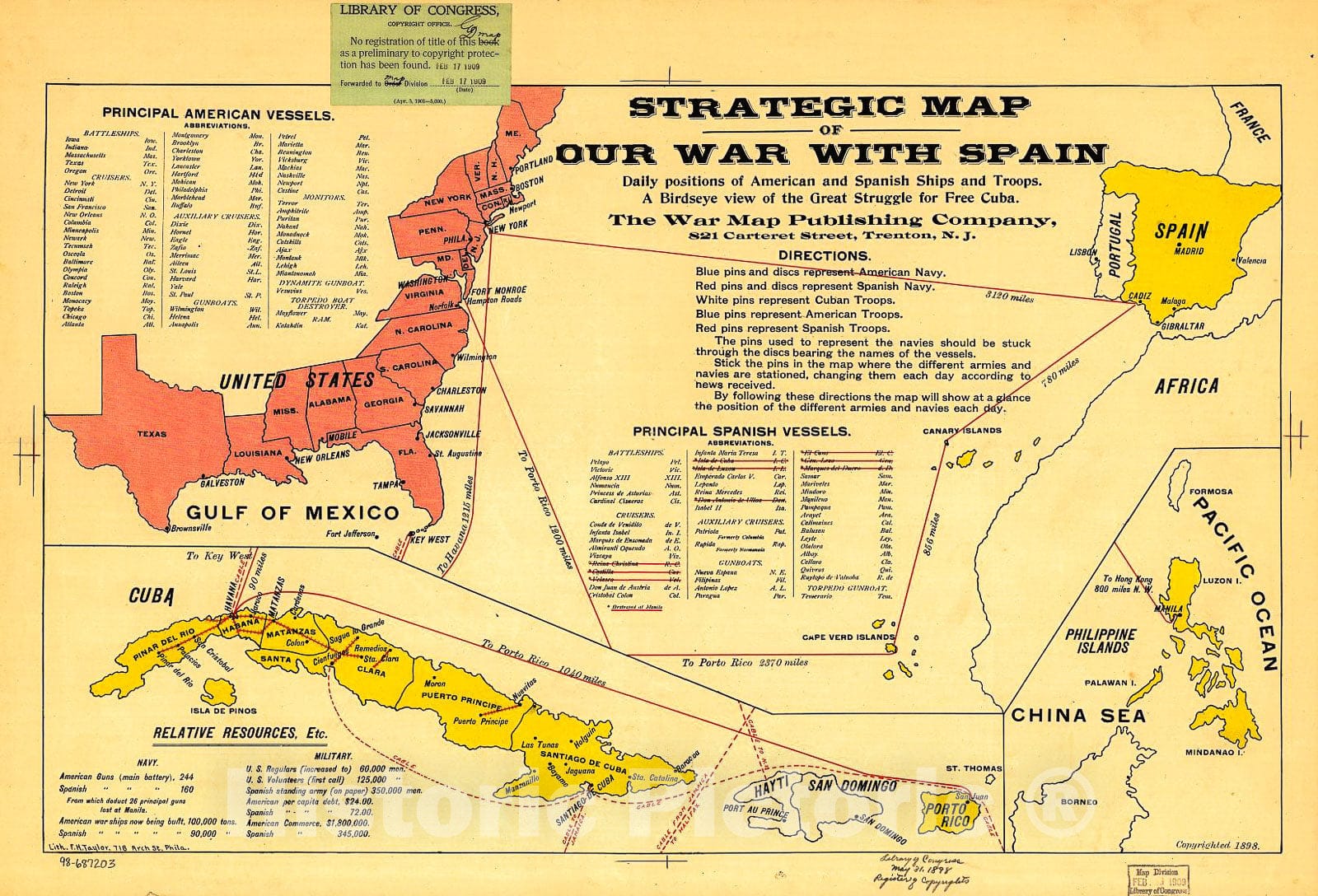 Historic 1898 Map - Strategic map of Our war with Spain.