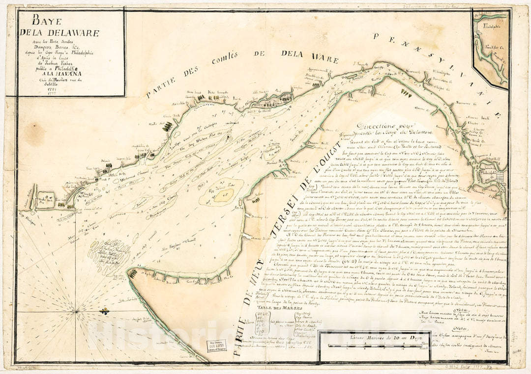 Historic 1785 Map - Baye de la Delaware avec les Ports, sondes, Dangers, bancs, c. Depuis les caps jusqu'a Philadelphie d'aprÃ¨s la Carte de Joshua Fisher publie a Philadelfia, Ã  la Havana
