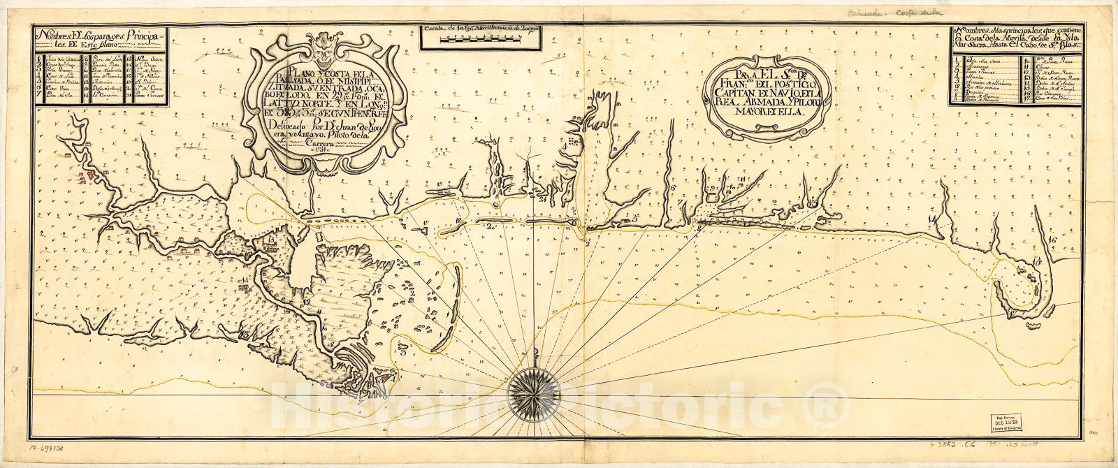 Historic 1751 Map - Plano y Costa de la Palisada o de Misipipi zituada, su entrada o Cabo de Lodo en 29 gs. 17 ms. de lattud. Norte y en longd. de 385 gs. 3 ms. segun Tenerife.
