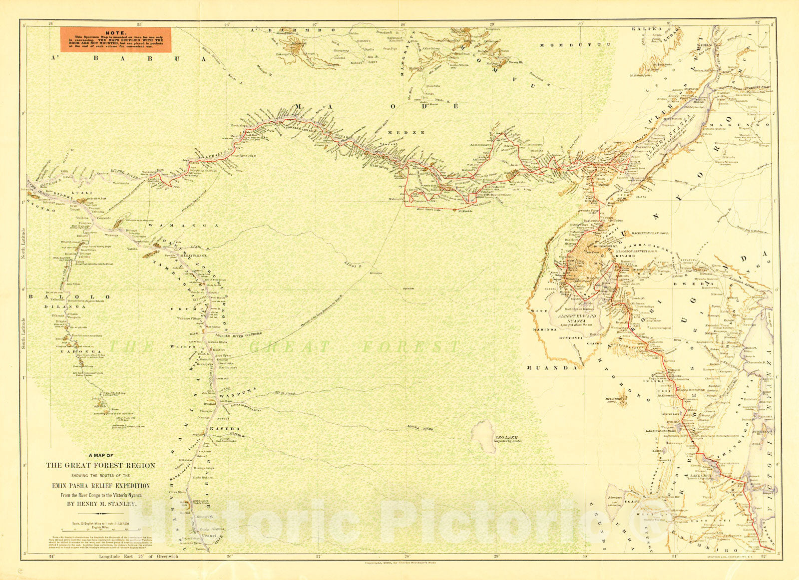 Historic 1890 Map - A map of The Great Forest Region : Showing Routes of The Emin Pasha Relief Expedition, from The River Congo to The Victoria Nyanza