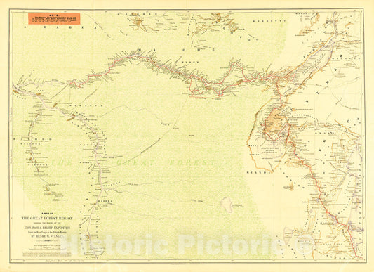 Historic 1890 Map - A map of The Great Forest Region : Showing Routes of The Emin Pasha Relief Expedition, from The River Congo to The Victoria Nyanza