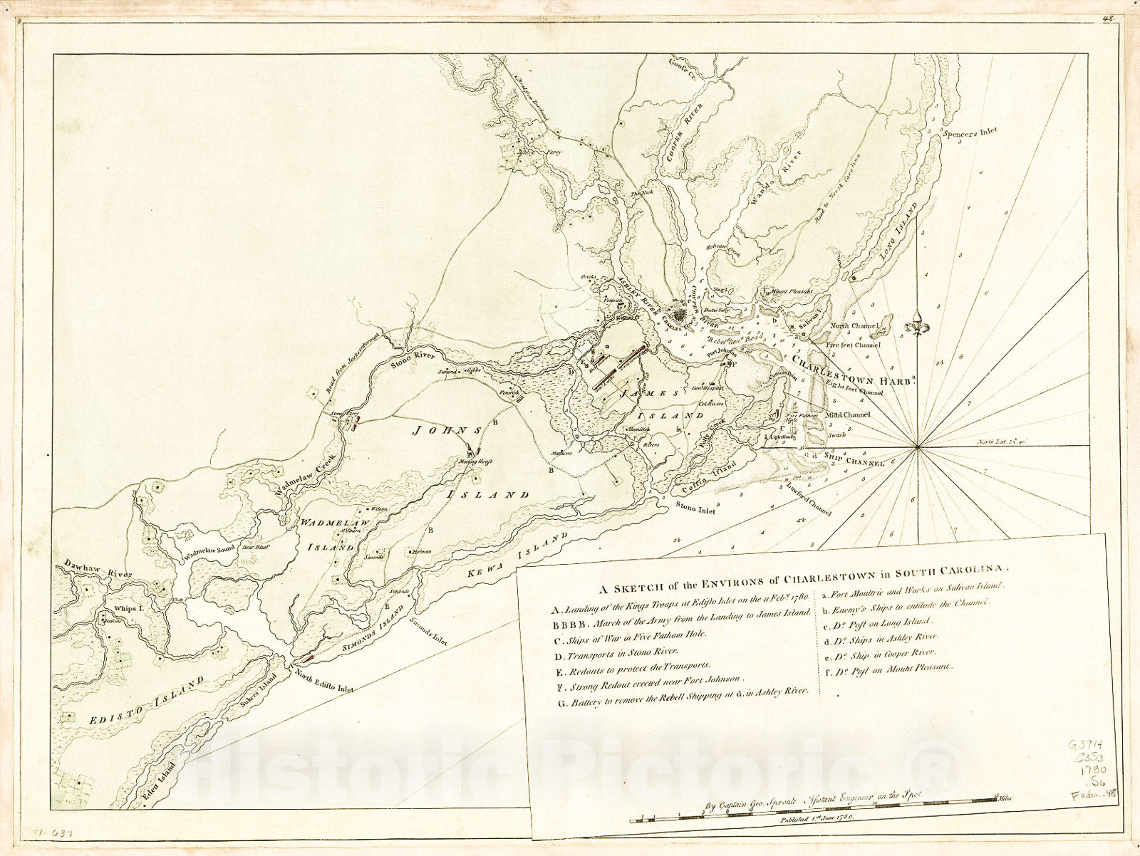 Historic 1780 Map - A Sketch of The Environs of Charlestown in South Carolina.