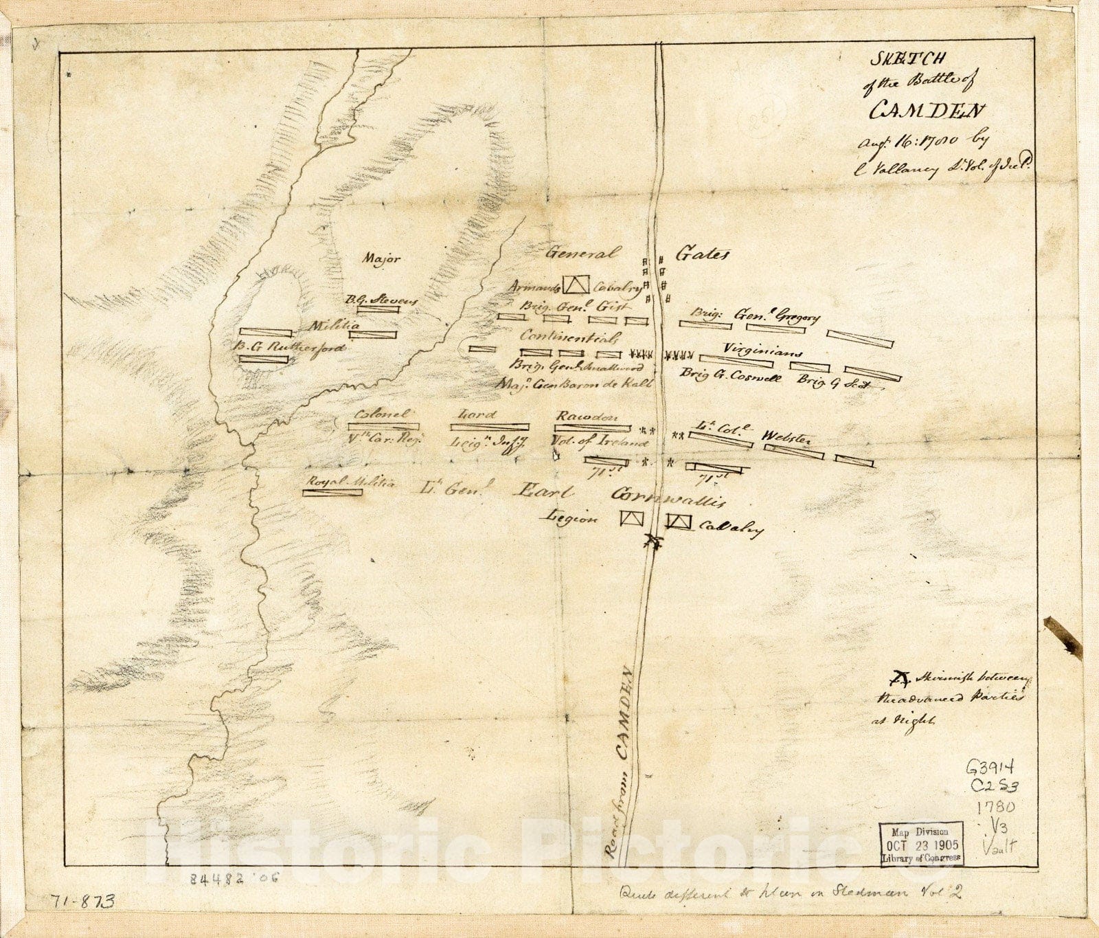 Historic 1780 Map - Sketch of The Battle of Camden, Augt. 16, 1780,