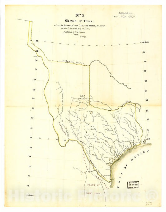Historic 1839 Map - Sketch of Texas with The Boundaries of Mexican States as Shown on General Austin's map of Texas published by R. S. Tanner, 1839.