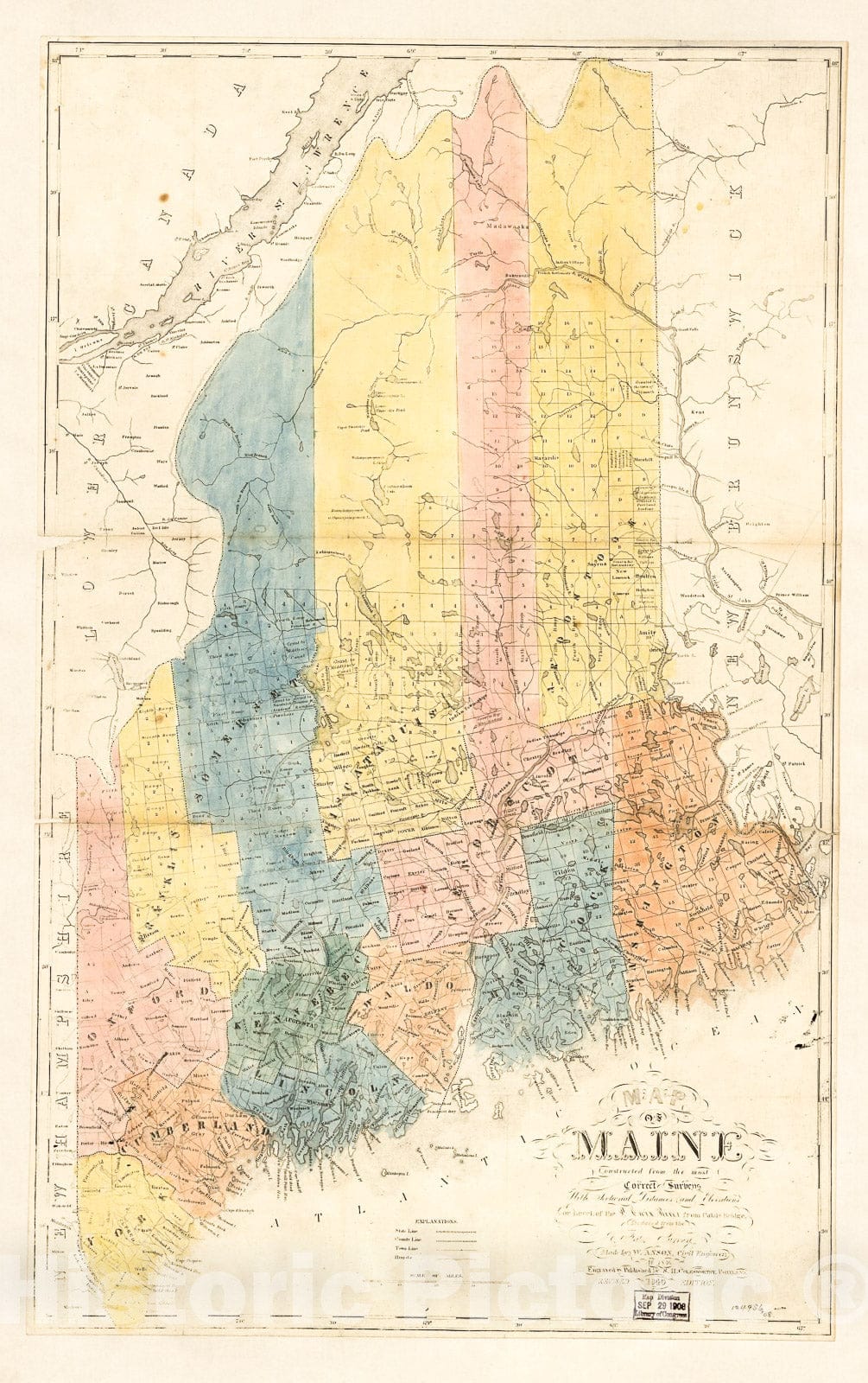 Historic 1840 Map - Map of Maine : Constructed from The Most Correct surveys with sectional Distances and elevations, or Level, of The St. Croix River from Calais Bridge