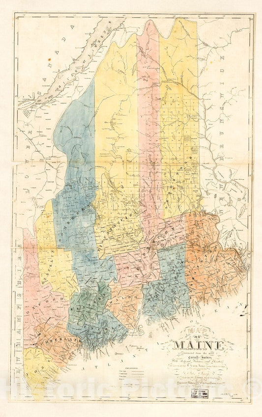Historic 1840 Map - Map of Maine : Constructed from The Most Correct surveys with sectional Distances and elevations, or Level, of The St. Croix River from Calais Bridge