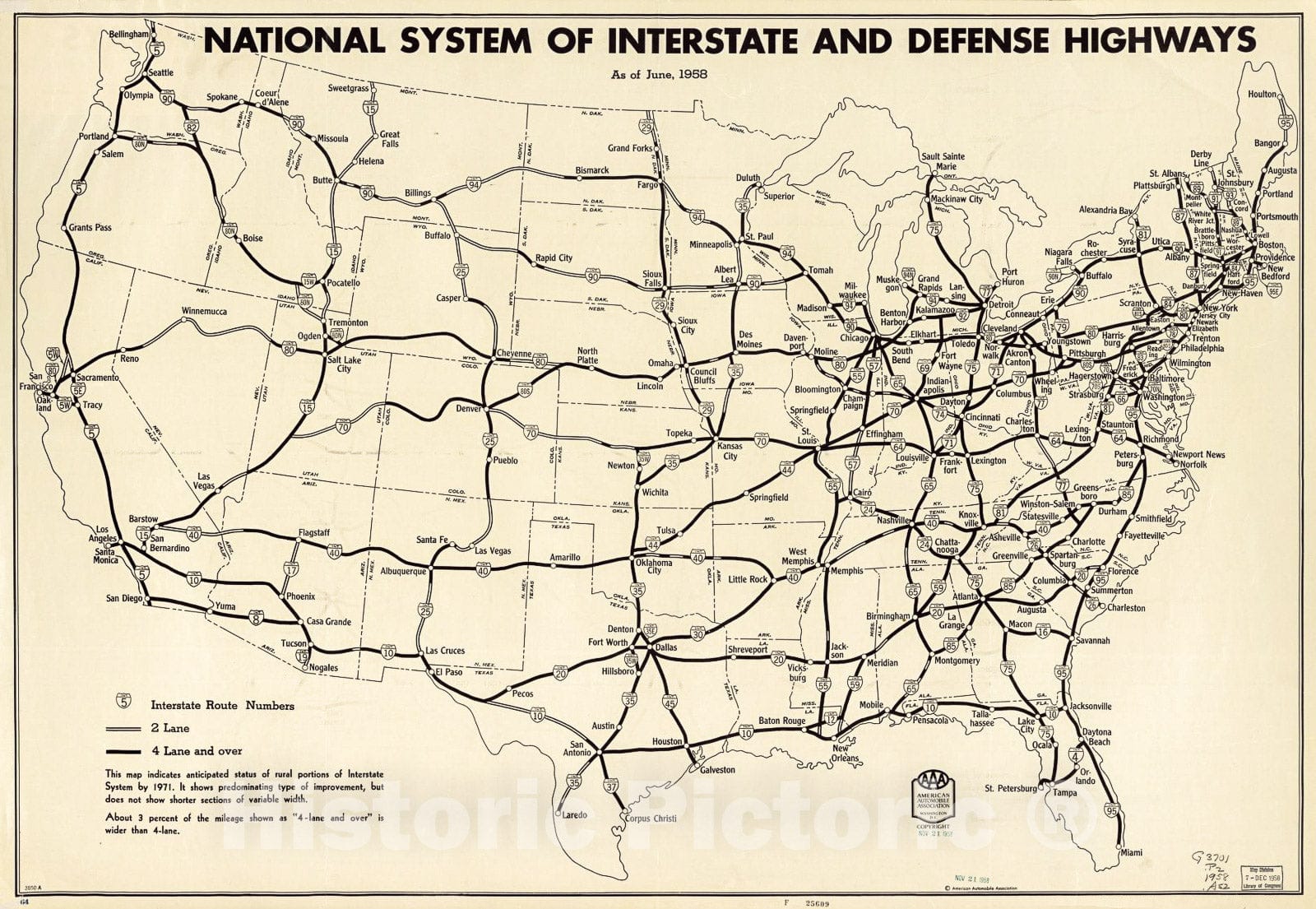Historic 1958 Map - National System of Interstate and Defense Highways : as of June, 1958