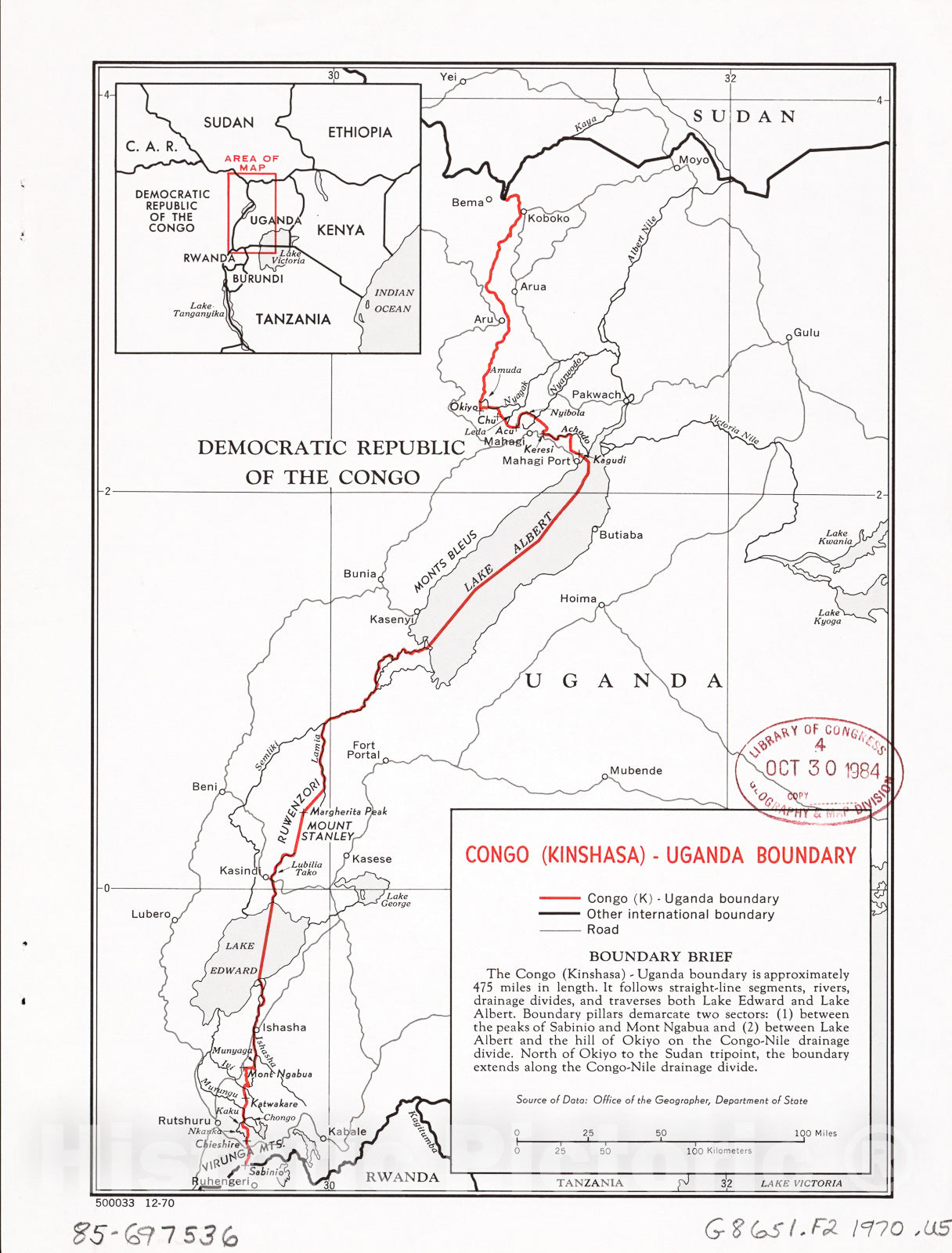 Historic 1970 Map - Congo (Kinshasa)-Uganda Boundary.