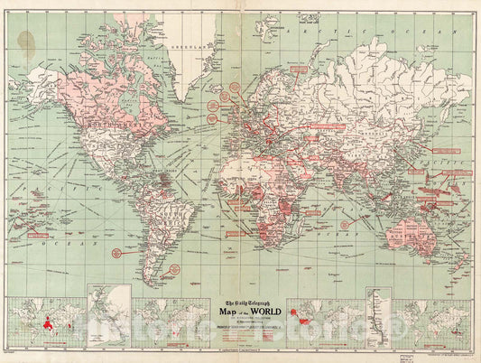 Historic 1918 Map - The Daily Telegraph map of The World on Mercator's Projection