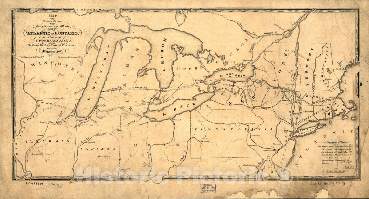 Historic 1836 Map - Map Showing The Most Direct Commercial Route from The Atlantic via L. Ontario, to The Province of Upper Canada, The North Western States & Territories