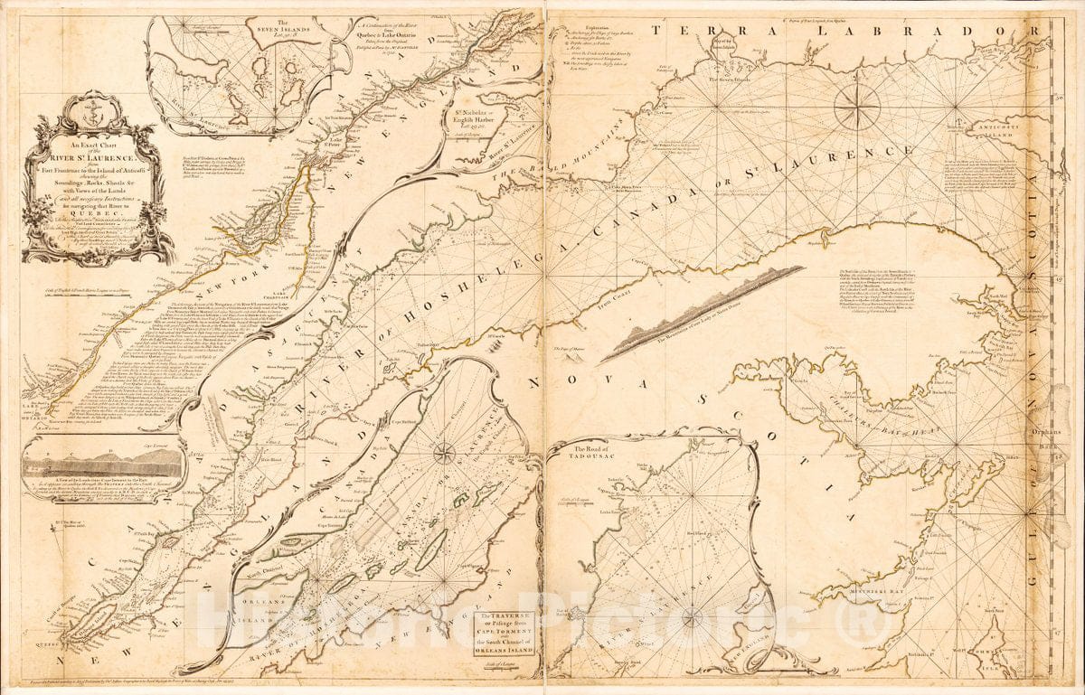 Historic 1757 Map - an Exact Chart of The River St. Laurence, from Fort Frontenac to The Island of Anticosti shewing The soundings, Rocks, Shoals &c with Views of The Lands