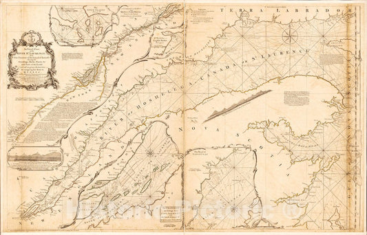 Historic 1757 Map - an Exact Chart of The River St. Laurence, from Fort Frontenac to The Island of Anticosti shewing The soundings, Rocks, Shoals &c with Views of The Lands