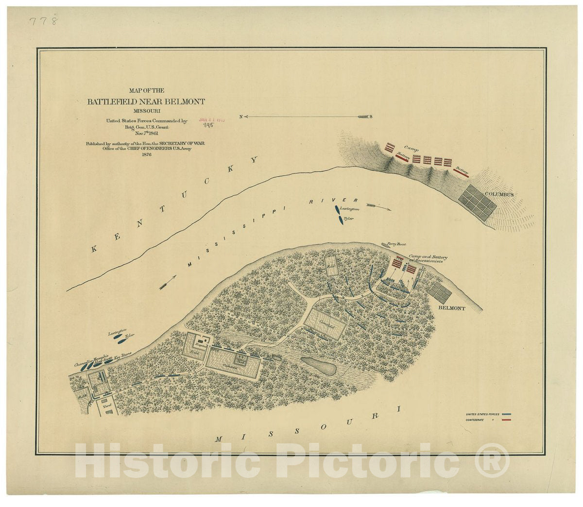 Historic 1876 Map - Map of The Battlefield Near Belmont, Missouri 2