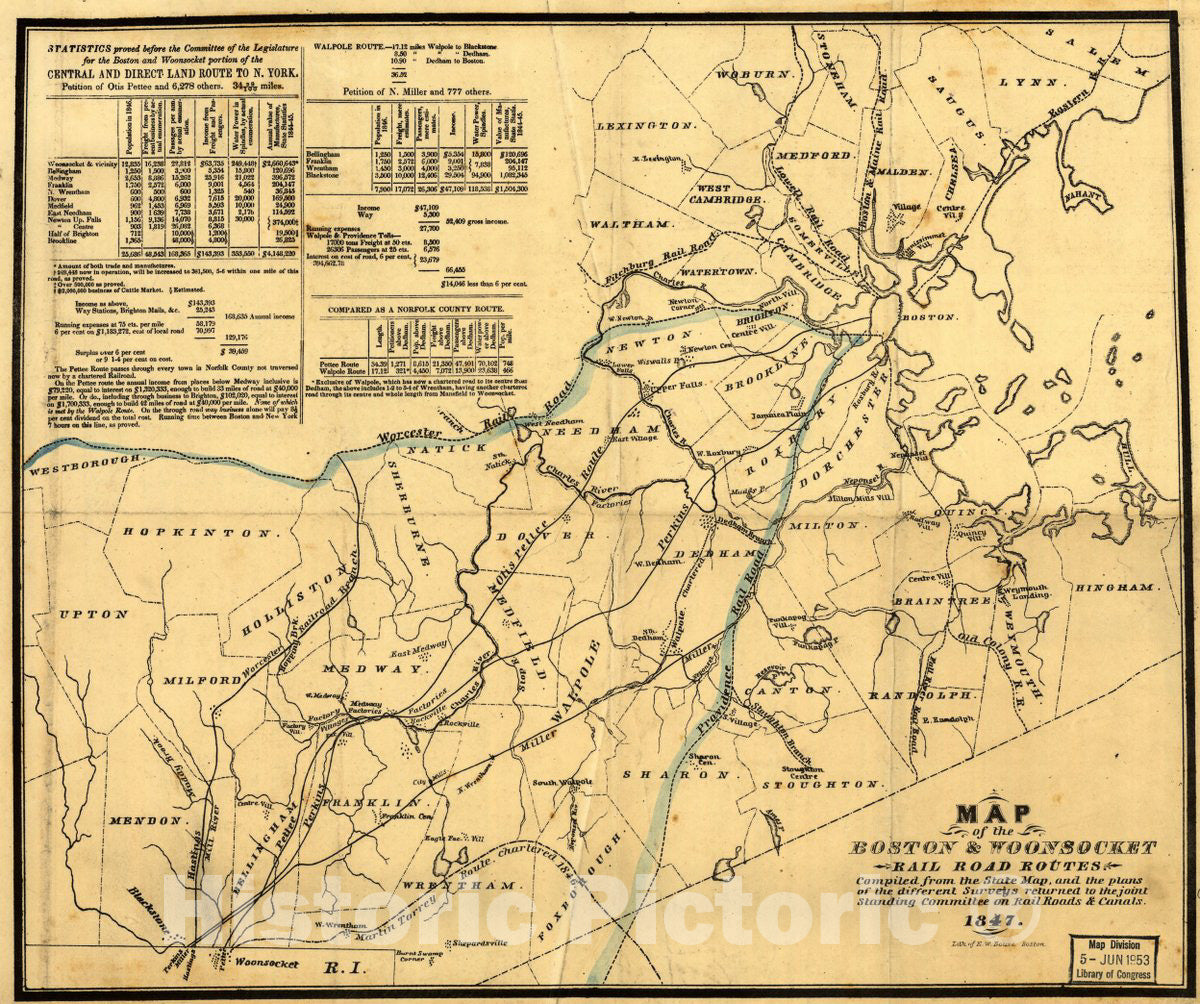 Historic 1847 Map - Map of The Boston & Woonsocket Rail Road Routes compiled from The State map