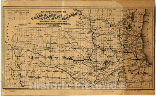 Historic 1862 Map - Map Showing The Location of The Galena & Chicago Union Railroad with its Branches & Connections in Illinois, Wisconsin, Iowa and Minnesota.
