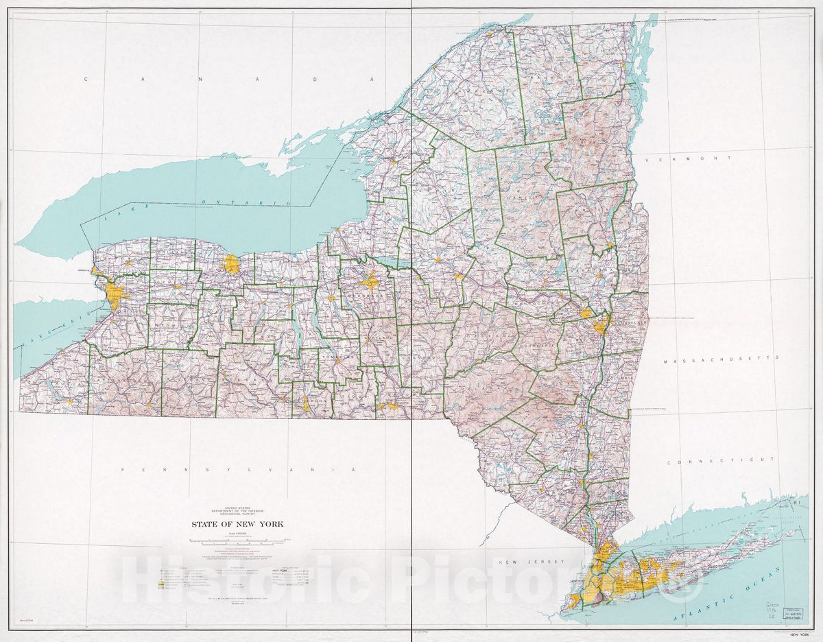 Historic 1976 Map - State of New York, Base map with Highways and Contours.