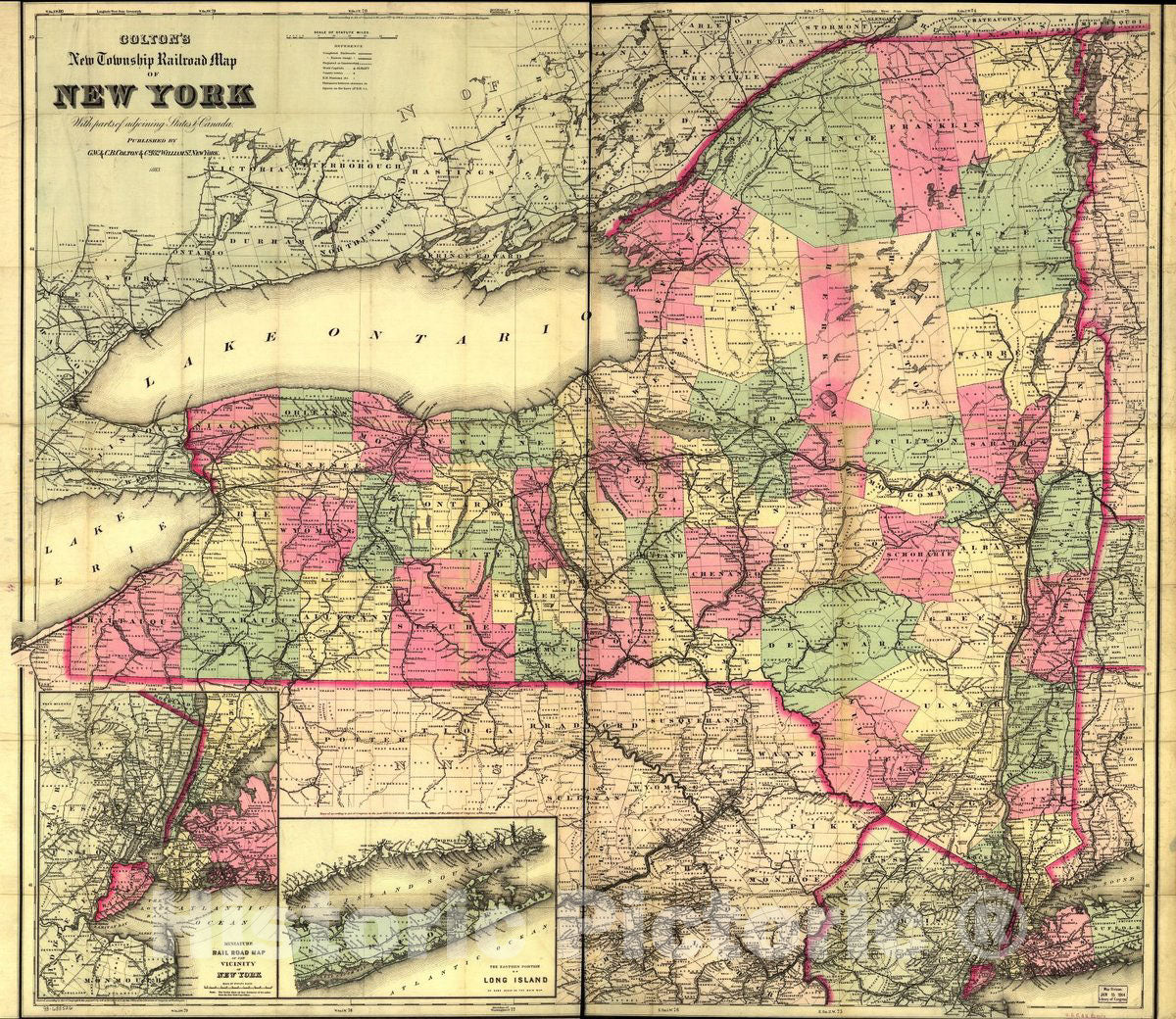 Historic 1883 Map - Colton's New Township Railroad map of New York with Parts of adjoining States & Canada.