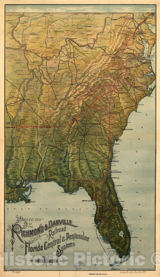 Historic 1893 Map - Birds-Eye-View of The Richmond & Danville Railroad and The Florida Central & Peninsular Systems and Their Connections.