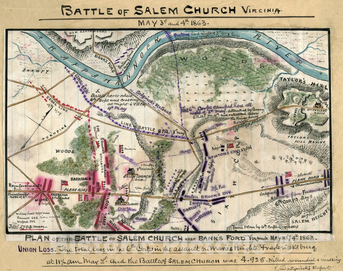Historic 1863 Map - Plan of Battle of Salem Church Near Bank's Ford, Virginia : May 3rd & 4th 1863.