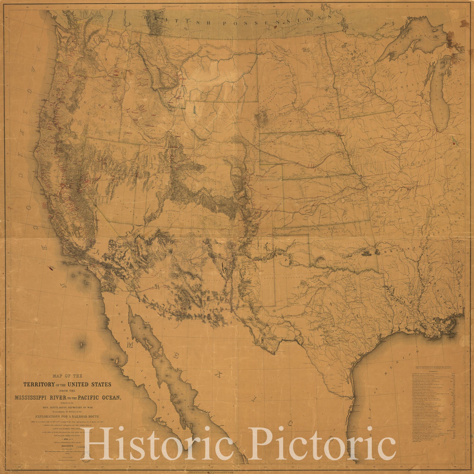 Historic 1858 Map - Map of The Territory of The United States from The Mississippi River to The Pacific Ocean; Ordered by Jeff' Davis, Secretary of War