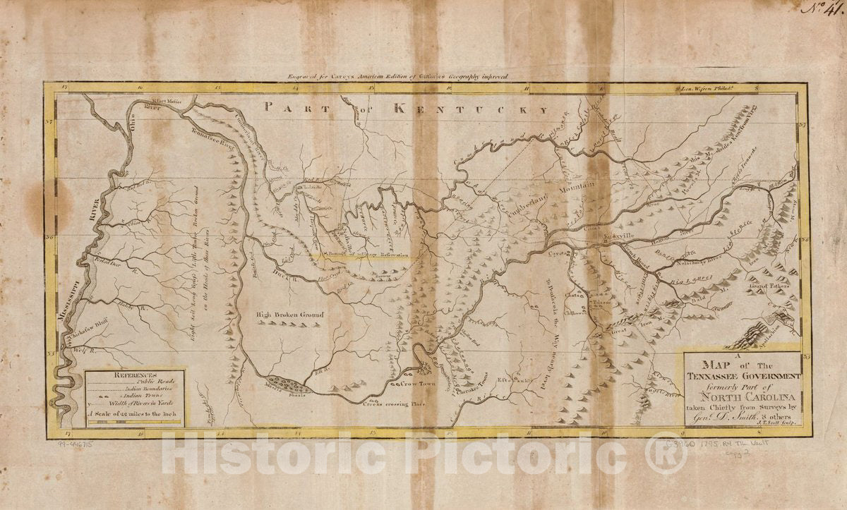 Historic 1795 Map - A map of The Tennessee Government, Formerly Part of North Carolina.