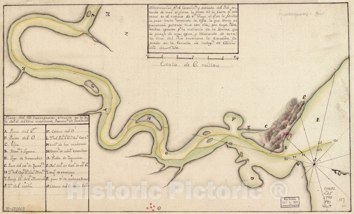 Historic 1790 Map - Plano del RÃ­o Guazaquacos situado en la Costa del S. del seno Mexicano, Provina. de Guadalapa.