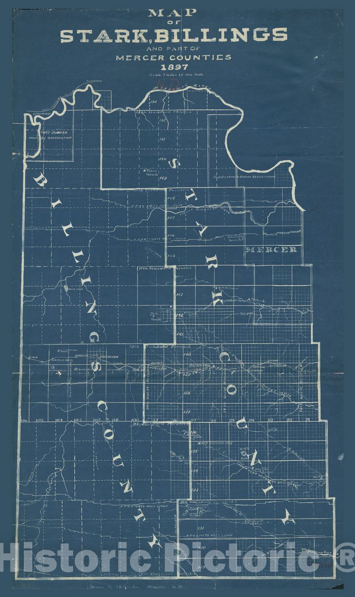Historic 1897 Map - Map of Stark, Billings, and Part of Mercer Counties, 1897