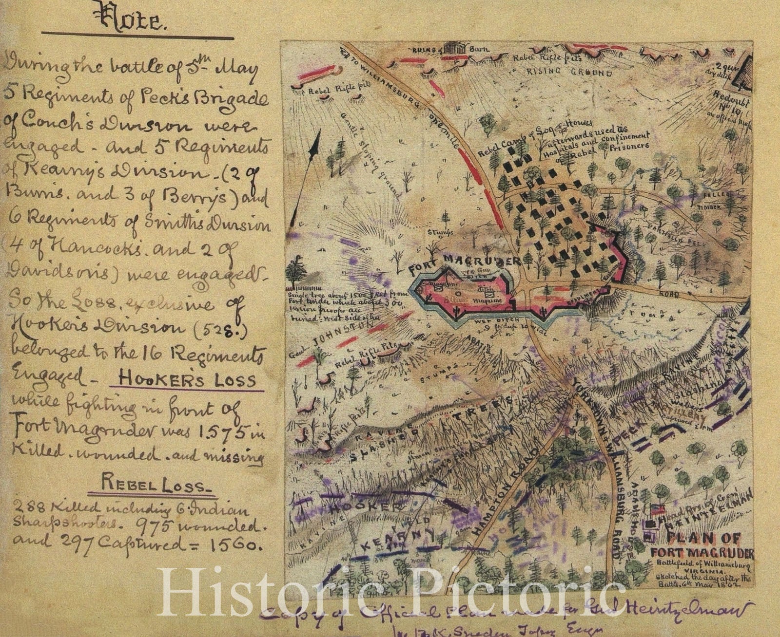 Historic 1862 Map - Plan of Fort Magruder, Battlefield of Williamsburg, Virginia. Sketched The Day After The Battle 6th May 1862.