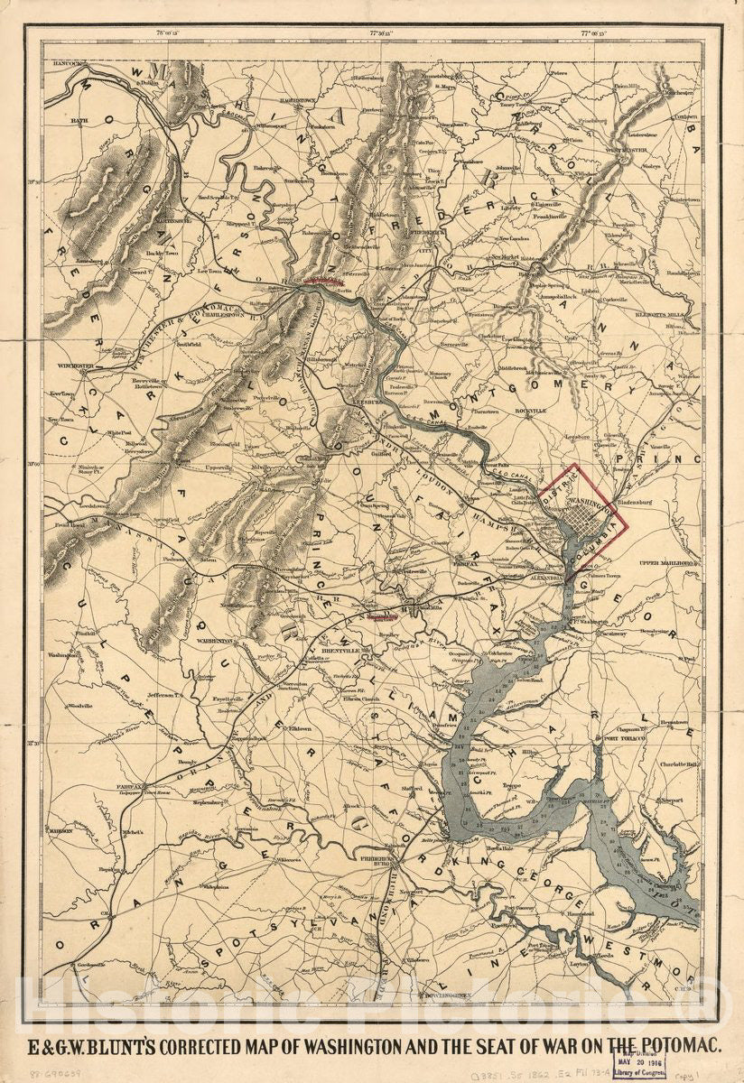 Historic 1862 Map - E. & G.W. Blunt's Corrected map of Washington and The seat of war on The Potomac.