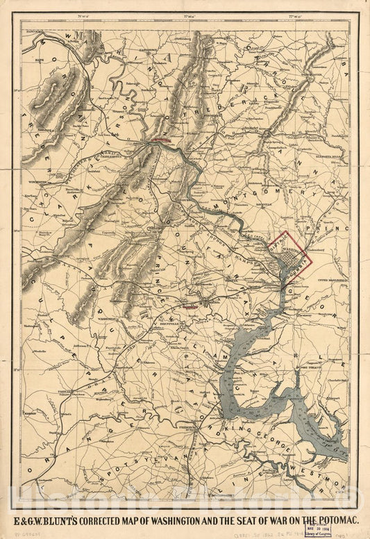 Historic 1862 Map - E. & G.W. Blunt's Corrected map of Washington and The seat of war on The Potomac.