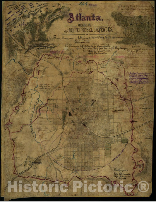 Historic 1864 Map - Atlanta, Georgia and its Rebel defences sic