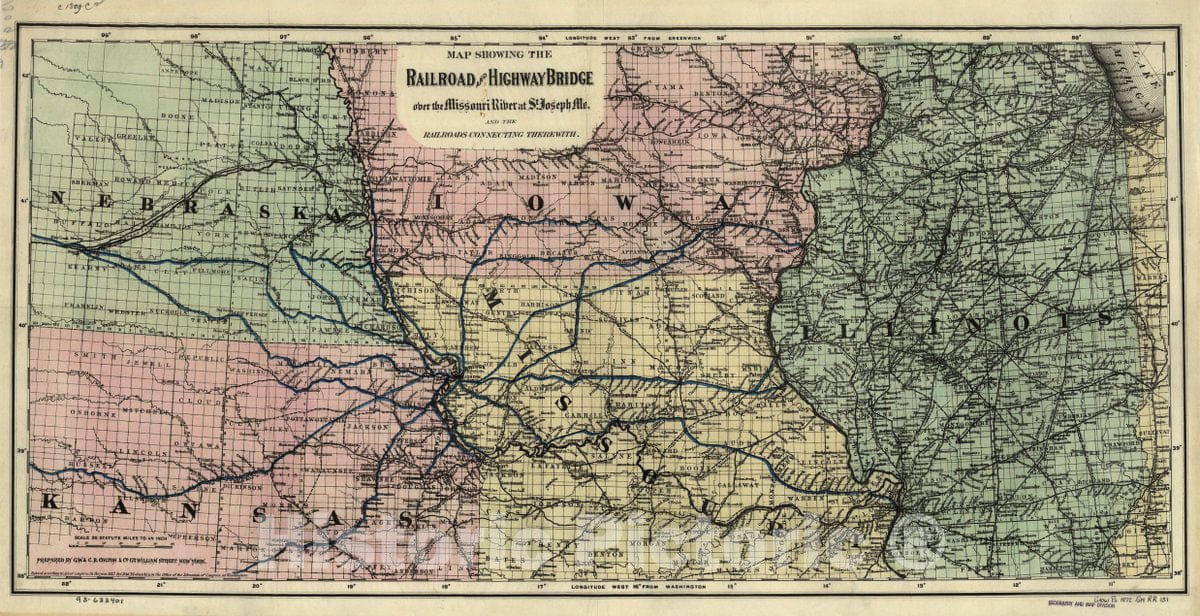 Historic 1872 Map - Map Showing The Railroad and Highway Bridge Over The Missouri River at St. Joseph, Mo. and The Railroads Connecting therewith.