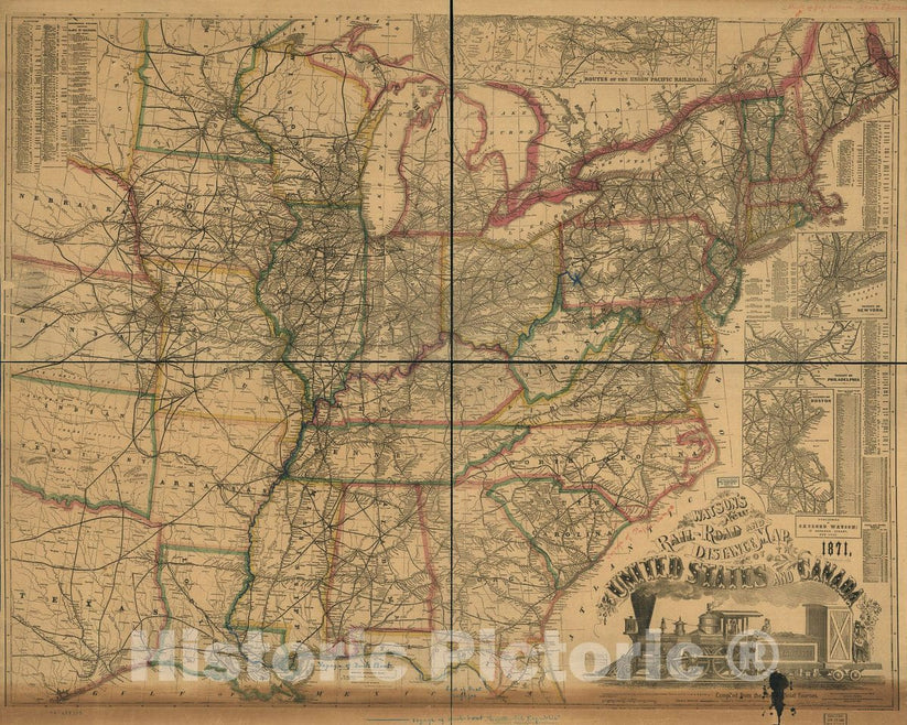 Historic 1871 Map - Watson's New Rail-Road and Distance map of The Uni ...