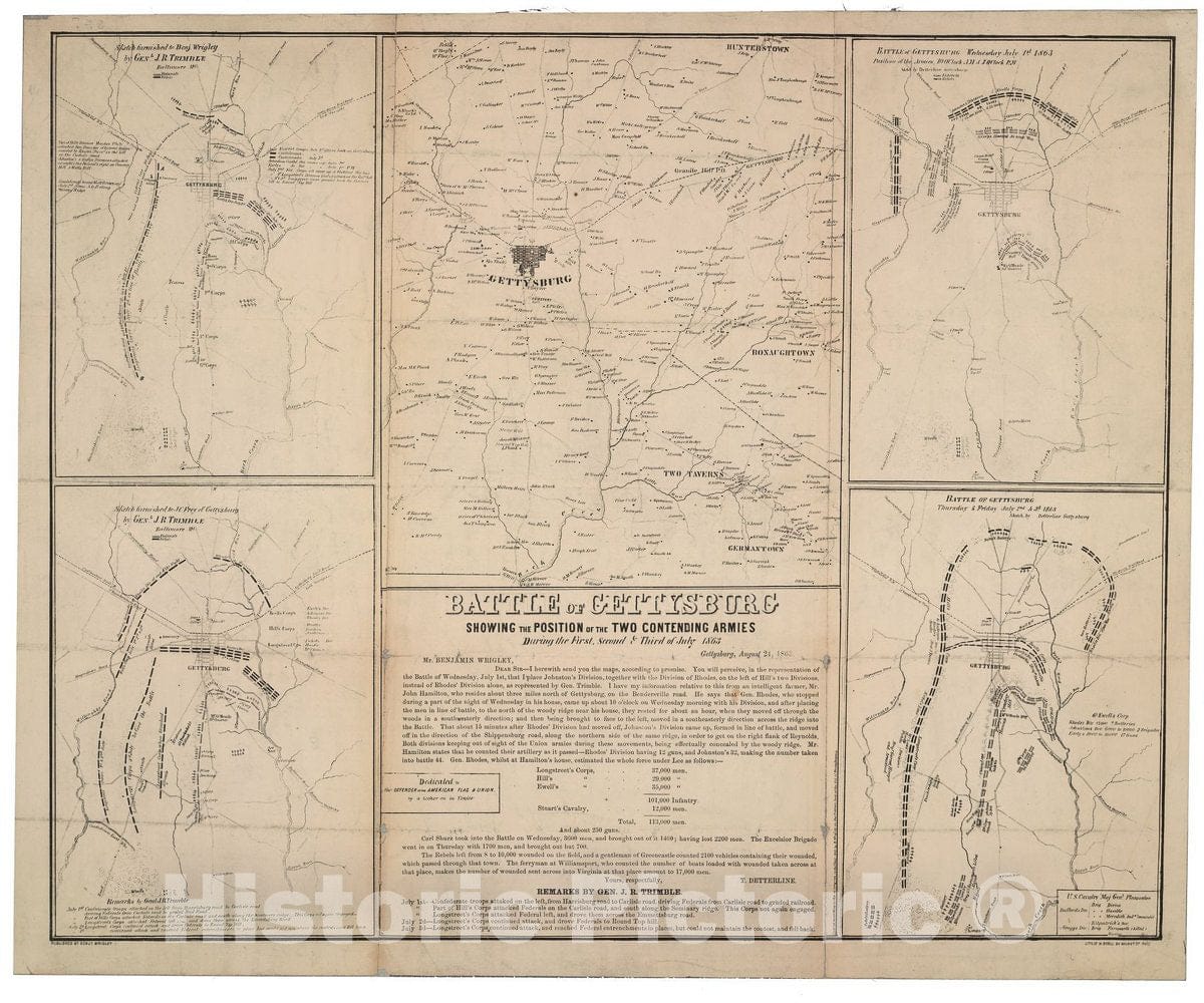Historic 1863 Map - Battle of Gettysburg : Showing The Position of The Two contending Armies During The First, Second & Third of July 1863.