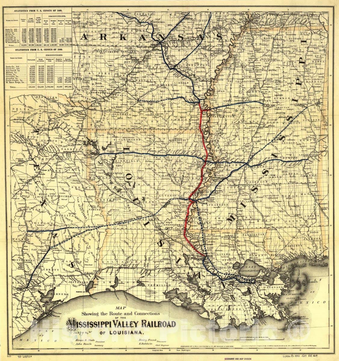 Historic 1882 Map - Map Showing The Route and Connections of The Mississippi Valley Railroad of Louisiana; E. Baldwin, Chief Engineer.