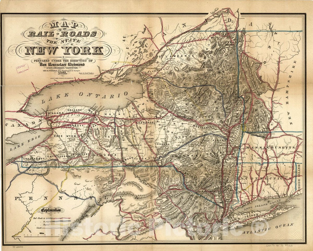 Historic 1861 Map - Map of The Rail-Roads of The State of New York Prepared Under The Direction of Van Renssselaer Richmond, State Engineer and Surveyor; Geo R. Perkins, Dep State Engineer