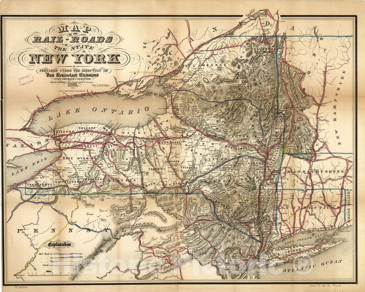 Historic 1861 Map - Map of The Rail-Roads of The State of New York Prepared Under The Direction of Van Renssselaer Richmond, State Engineer and Surveyor; Geo R. Perkins, Dep State Engineer