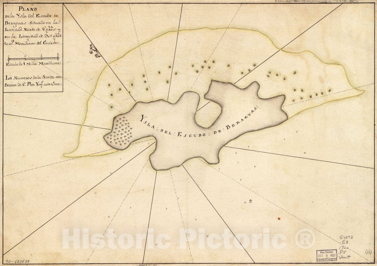 Historic 1700 Map - Plano de la Ysla del Escudo de Beraguas situado en la latitud Norte DE 8 gros. y en la longitud de 305 gros. 50 mo. meridiano del Cuerboz.