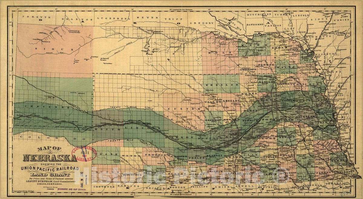 Historic 1880 Map - Map of Nebraska Showing The Union Pacific Railroad Land Grant.