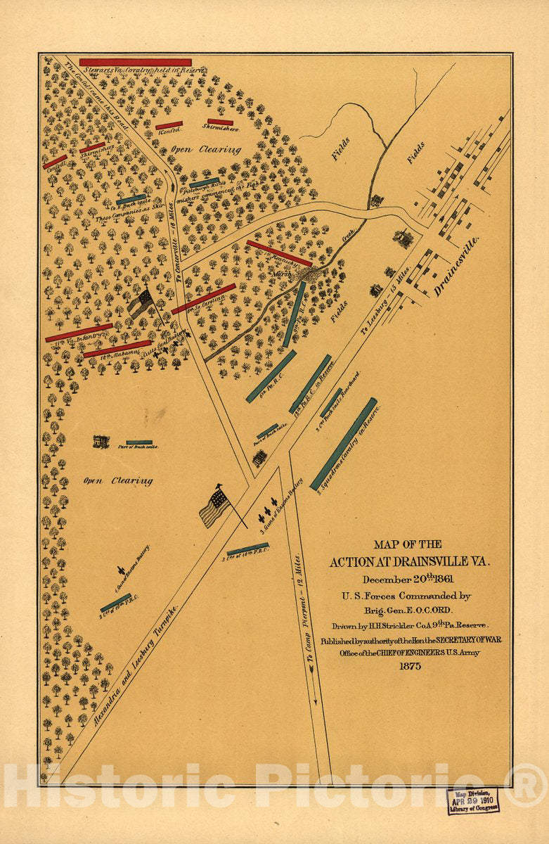 Historic 1861 Map - Map of The Action at Drainsville, Va, December 20th 1861. U.S. Forces commanded by Brig Gen. E. O. C. Ord.