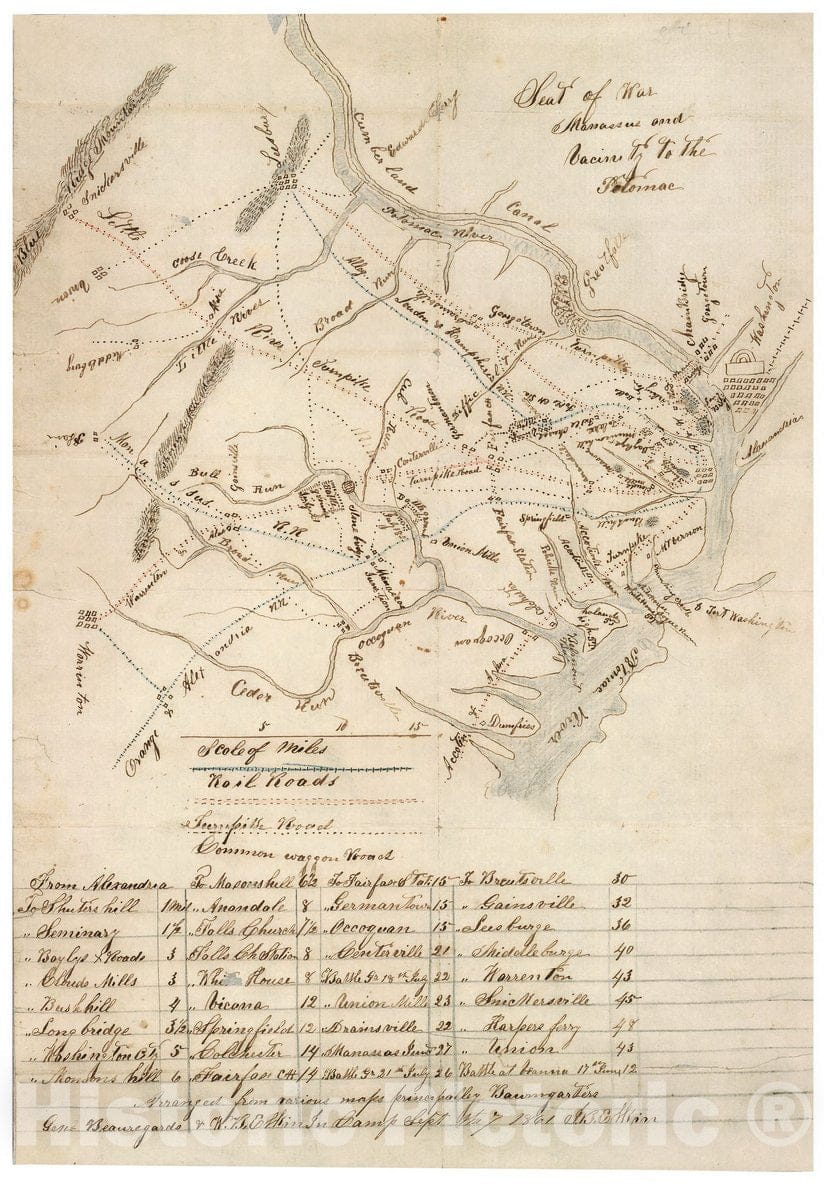 Historic 1861 Map - Seat of war, Manassas and Vicinity to The Potomac