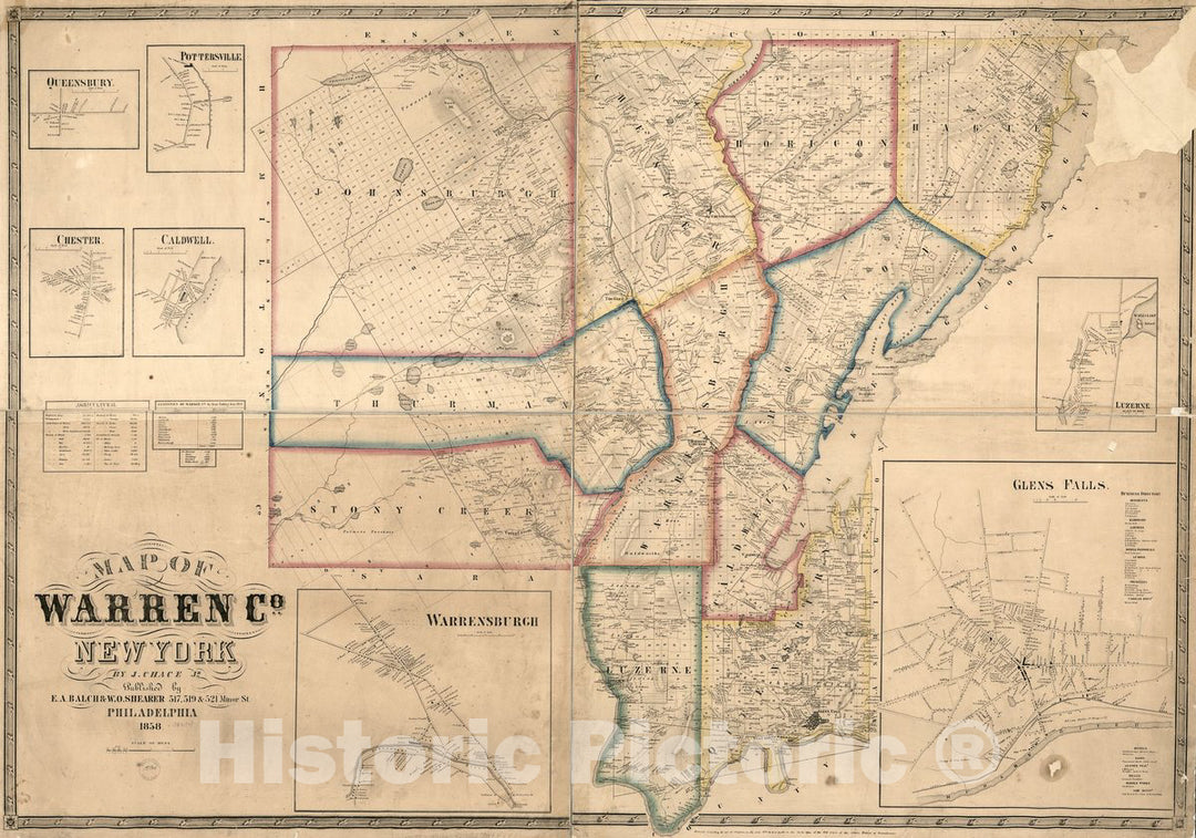 Historic 1858 Map - Map of Warren Co, New York