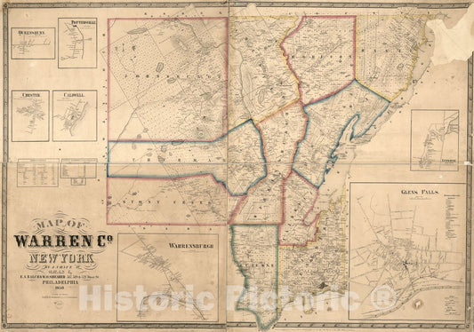 Historic 1858 Map - Map of Warren Co, New York