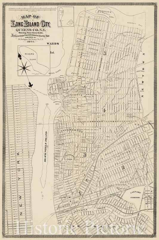 Historic 1874 Map - Map of Long Island City, Queens Co. N.Y. : Showing Farm Lines : Reduced from Commissioners New City map.