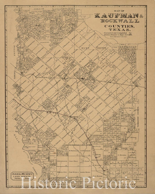 Historic 1878 Map - Map of Kaufman & Rockwall Counties,Texas