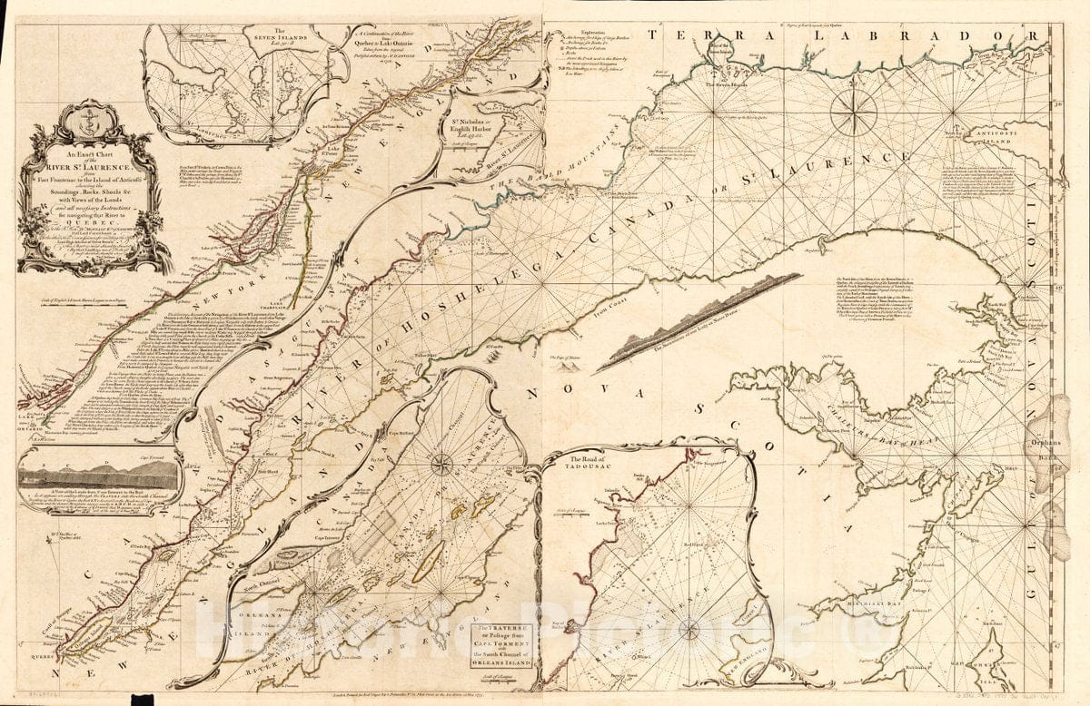 Historic 1775 Map - an Exact Chart of The River St. Laurence, from Fort Frontenac to The Island of Anticosti shewing The soundings, Rocks, Shoals &c with Views of The Lands
