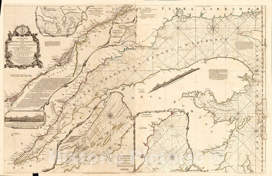Historic 1775 Map - an Exact Chart of The River St. Laurence, from Fort Frontenac to The Island of Anticosti shewing The soundings, Rocks, Shoals &c with Views of The Lands